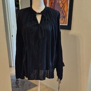 Replay Black Sheer Verticle Striped Long Balloon Sleeve Blouse Deep V Neck